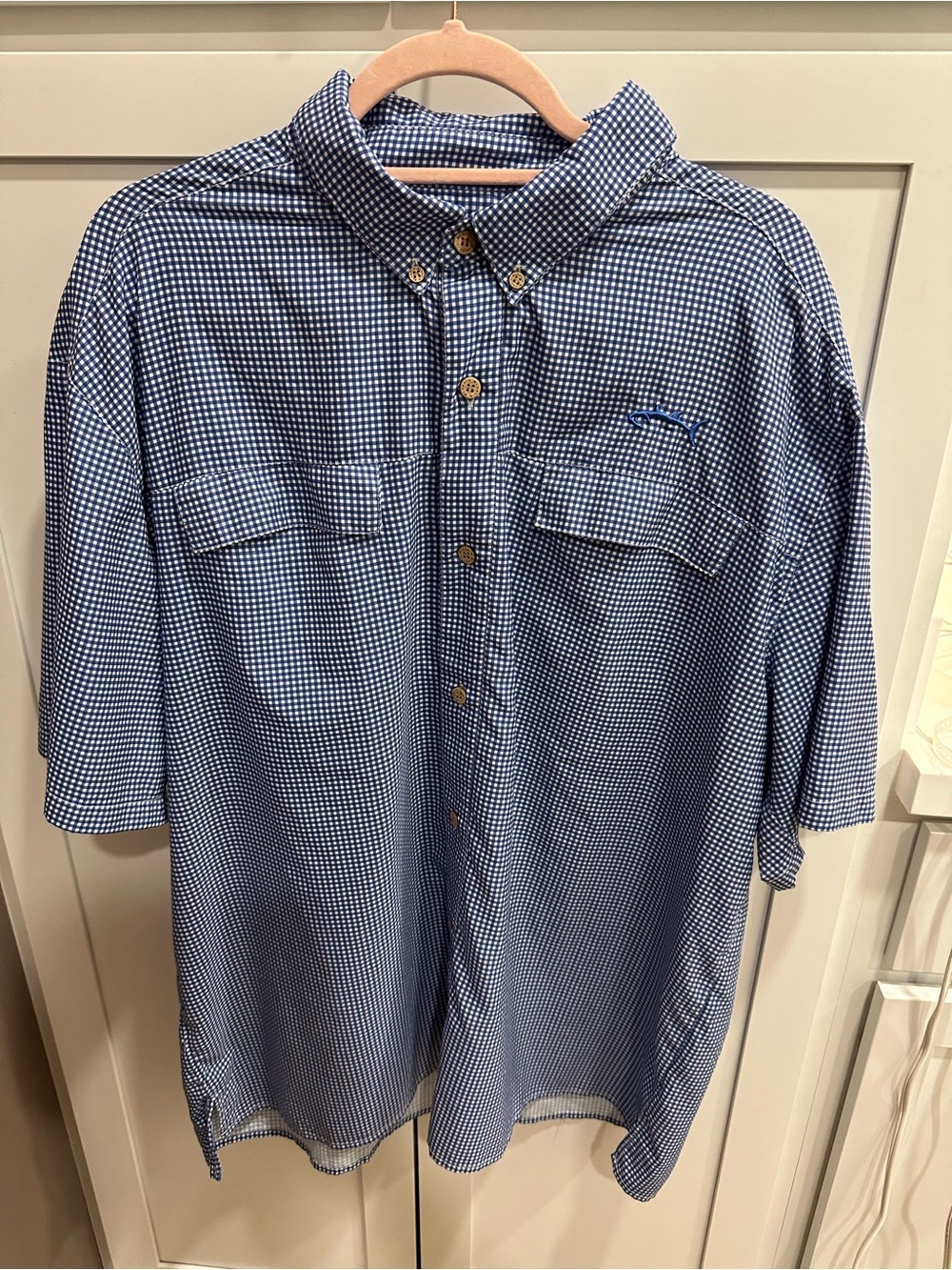 Bluefin USA Mens XL Blue White Gingham Fishing Shirt Marlin Logo Button Front